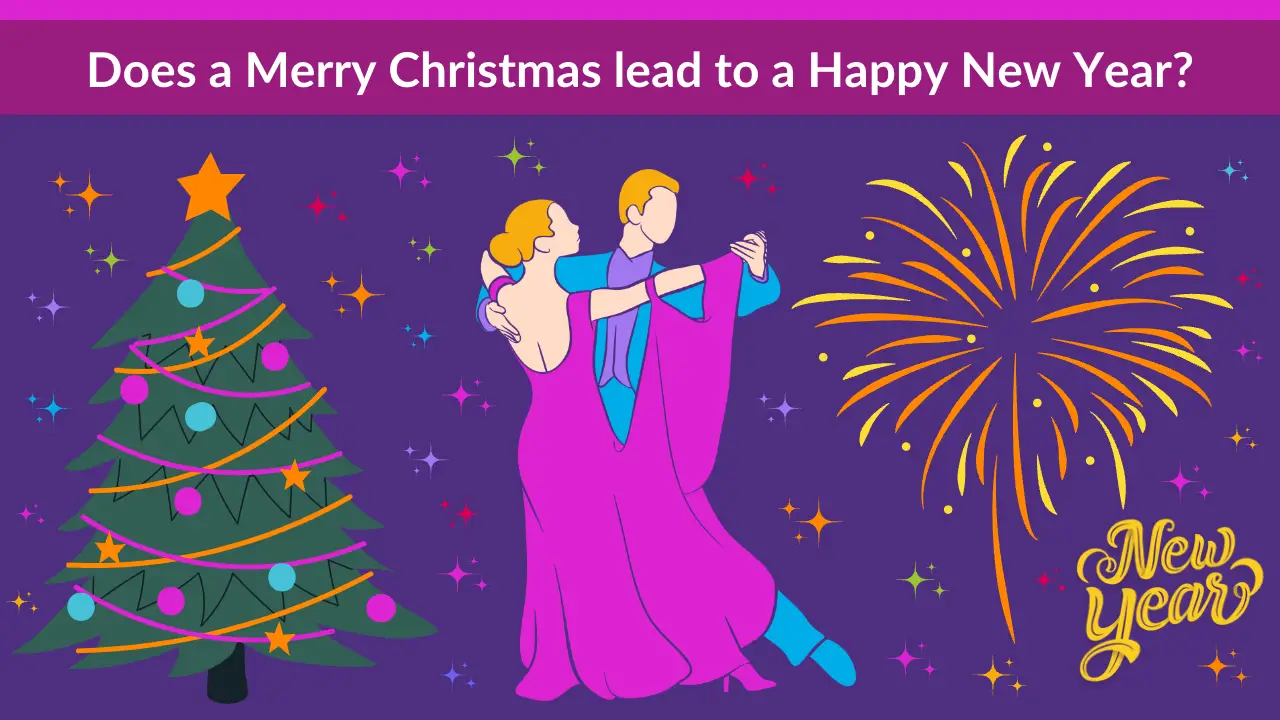 Graphic showing a Christmas tree, dancers and New Year fireworks